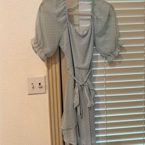 Blue Rain Light Blue Mini Dress with Puff Sleeves